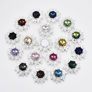 Resin Rhinestone Cabochons, with Brass Findings, Flower, Mixed Color, Silver Color Plated, 22~23x6~8mm(RB-S066-21S)