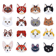 Polyseter Computerized Embroidery Cloth Iron On Patches, Stick On Patch, Costume Accessories, Appliques, with Hot Melt Adhesive, Cat's Head, Mixed Color, 32~40.5x30~40x1.5~2.5mm, 16pcs/set(PATC-WH0001-49)