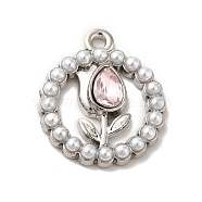 Rack Plating Alloy Glass Pandants, Nickel Free, with ABS Plastic Imitation Pearl, Flat Round with Flower Charms, Platinum, Lavender Blush, 20.5x17.5x4mm, Hole: 2mm(PALLOY-O106-15P-01)