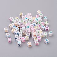 Mixed Letters Acrylic Cube Beads, Horizontal Hole, Letter for Message Jewelry Making, about 6mm in diameter, hole: 3.2mm, about 260pcs/50g(X-PL38C9308)
