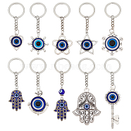 10Pcs 10 Styles Turkish Blue Evil Eye Resin Pendant Keychain, with Alloy Clasp, for Keychain Mobile Phone Car Key Bag Pendant Decoration, Mixed Shapes, Blue, 89~130mm, 1pc/style(KEYC-NB0001-66)