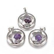 Natural Amethyst Pendants, with Platinum Tone Brass Findings, Flat Round with Star, 31.5x28x10.5mm, Hole: 4.5x7.5mm(G-L512-S10)