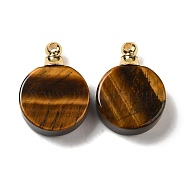 Natural Tiger Eye Perfume Bottle Pendants, Flat Round Charms with Golden Plated 304 Stainless Steel Findings, 27.5x20x7~7.5mm, Hole: 2mm(G-Z039-02G-05)