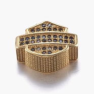 Brass Micro Pave Cubic Zirconia Beads, Badge, Black, Golden, 11x14x5mm, Hole: 3mm(ZIRC-A008-16G)