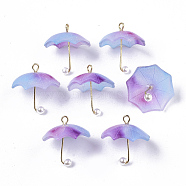 Acrylic Pendants, with Golden Plated Brass Loops and ABS Plastic Imitation Pearl, Umbrella, Cornflower Blue, 20~21x20x20mm, Hole: 1.6mm(X-KY-S163-093A-01)