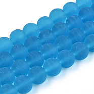 Transparent Glass Beads Strands, Frosted, Round, Deep Sky Blue, 9.5~10mm, Hole: 1.5mm, about 41~42pcs/strand, 14.88~15.12 inch(37.8~38.4cm)(GLAA-T032-T10mm-MD06)