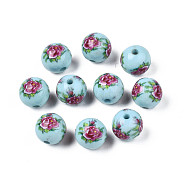 Opaque Printed Acrylic Beads, Round with Flower Pattern, Light Cyan, 9x9.5mm, Hole: 1.8mm(MACR-T043-02C-02)
