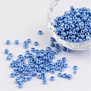 6/0 Opaque Colors Lustered Round Glass Seed Beads, Cornflower Blue, Size: about 4mm in diameter, hole:1.5mm, about 495pcs/50g(X-SEED-A012-4mm-123B)