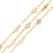 Clear Cubic Zirconia Flat Round & Cross Link Chains, with Brass Cable Chains, Soldered, with Spools, Cadmium Free & Lead Free, Real 18K Gold Plated, 2x1.5x0.4mm, 13x5x1mm, 9x5x2.5mm(CHC-P009-10G)