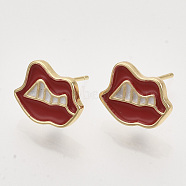 Brass Stud Earring Findings, with Enamel and Loop, Nickel Free, Lip, Red, Real 18K Gold Plated, 10x13mm, Hole: 1mm, Pin: 0.7mm(KK-T054-37G-NF)