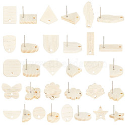 32Pcs 16 Style Oval & Rectangle & Fan & Butterfly Natural Ash Wood Stud Earring Findings, with 304 Stainless Steel Pin & 32pcs Ear Nuts, BurlyWood, 10~23x6.5~20mm, Hole: 1.8~2mm, Pin: 0.7mm, 2Pcs/style(EJEW-UN0002-29)