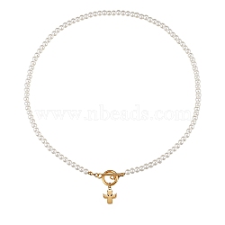 304 Stainless Steel Pendant Necklaces, with Acrylic Imitation Pearl Round Beads and Toggle Clasps, Angel, White, Golden, 17.91 inch(45.5cm)(NJEW-SZ0001-15)