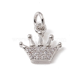 Brass Micro Pave Cubic Zirconia Charms, with Jump Rings, Crown Charm, Platinum, 10x10x2mm, Hole: 2.7mm(ZIRC-F132-82P)