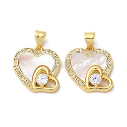 Valentine"s Day Brass Micro Pave Clear Cubic Zirconia Pendants, with Shell, Heart, Real 18K Gold Plated, 16.5x16.5x2.5mm, Hole: 3.5x6.5mm(KK-B083-41K-G)