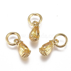 Brass Micro Pave Cubic Zirconia Charms, with Jump Ring, Long-Lasting Plated, Real 18K Gold Plated, Faceted, Teardrop, Yellow, 8x3x3mm, Hole: 3mm(ZIRC-F111-04G-01)