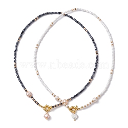 2Pcs 2 Style Natural Pearl Heart Pendant Necklace, Stackable Necklaces with Seed Beaded, Mixed Color, 17-5/8~17-3/4 inch(44.9~45.1cm), 1Pc/style(NJEW-MZ00024)
