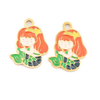 Ion Plating(IP) 304 Stainless Steel Pendants, with Enamel, Real 18K Gold Plated, Mermaid Charm, Coral, 16.5x12.5x1.5mm, Hole: 1.5mm