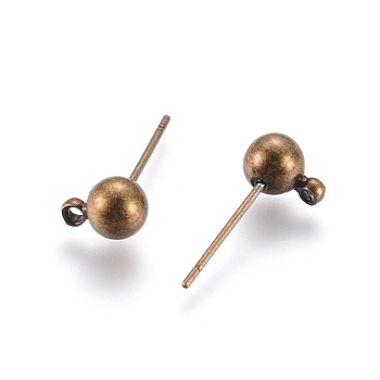 Brass Ball Post Ear Studs, with Loop, Antique Bronze, 15.2~15.7x5mm, Hole: 1mm, Pin: 0.7mm