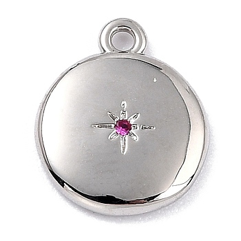 Brass Micro Pave Cubic Zirconia Charms, Long-Lasting Plated, Flat Round with Star, Fuchsia, 12x10x2mm, Hole: 1.2mm