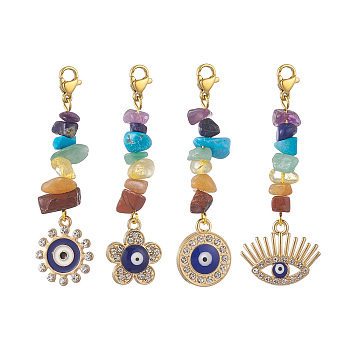 Chakra Gems Chip Evil Eye Pendant Decorations, Alloy Crystal Rhinestone Ornament with Stainless Steel Lobster Claw Clasps, Mixed Shapes, 58~59mm