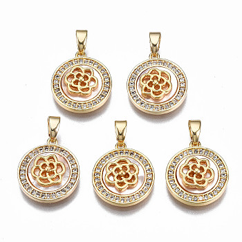 Brass Micro Pave Clear Cubic Zirconia Pendants, with White Sea Shell, Nickel Free, Flat Round with Flower, Real 18K Gold Plated, 16x14x4mm, Hole: 2x4.5mm