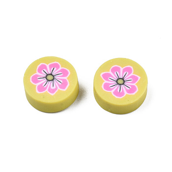 Handmade Polymer Clay Beads, Flat Round with Flower, Yellow, 9~10x4~4.5mm, Hole: 1.2~1.8mm