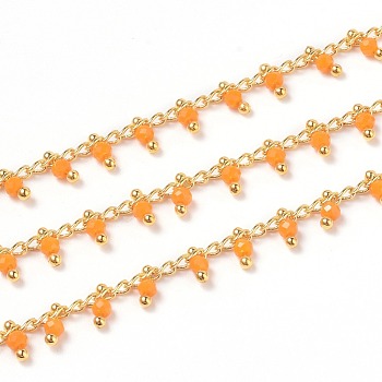 3.28 Feet Handmade Glass Beaded Chains, with Brass Eye Pins, Golden, Soldered, Round, Faceted, Dark Orange, 2.5x2x0.4mm, Beads: 3x2mm