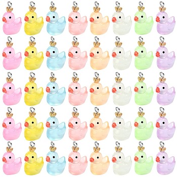 40Pcs 8 Colors Transparent Resin Pendants, Duck Charms with Crown, with Stainless Steel Color Plated 304 Stainless Steel Loops, Mixed Color, 23x17x13mm, Hole: 2mm, 5pcs/color