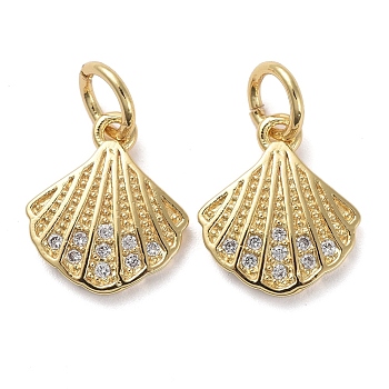 Brass Micro Pave Clear Cubic Zirconia Charms, with Jump Rings, Shell Shape, Golden, 11.5x10x2mm, Hole: 3mm