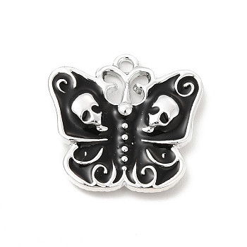 Halloween Alloy Enamel Pendants, Butterfly with Skull Charm, Platinum, Black, 22.5x23x3mm, Hole: 1.8mm