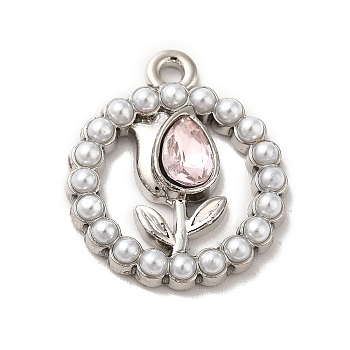 Rack Plating Alloy Glass Pandants, Nickel Free, with ABS Plastic Imitation Pearl, Flat Round with Flower Charms, Platinum, Lavender Blush, 20.5x17.5x4mm, Hole: 2mm