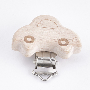 Beech Wood Baby Pacifier Holder Clips, with Iron Clips, Car, Platinum, BurlyWood, 41x45x18mm, Hole: 3.5x6mm
