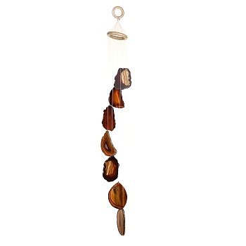 Chakra Natural Dyed Agate Piece Hanging Ornament, Wind Chime, with Wood Ring, for Home Decor, Colorful, 720~750mm, Hole: 25mm