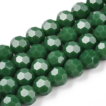 Opaque Glass Beads Stands, Faceted(32 Facets), Round, Dark Green, 6mm, Hole: 1mm, about 98pcs/strand, 20.47''(52cm)
