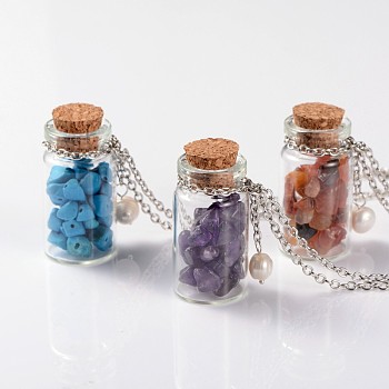 Cute Design Glass Wishing Bottle Pendant Necklaces, with Natural & Synthetic Mixed Stone Beads and Wooden Bungs, Iron Chains and Pearl Beads, Mixed Color, 18 inch