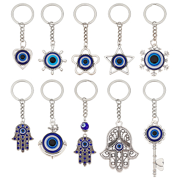 10Pcs 10 Styles Turkish Blue Evil Eye Resin Pendant Keychain, with Alloy Clasp, for Keychain Mobile Phone Car Key Bag Pendant Decoration, Mixed Shapes, Blue, 89~130mm, 1pc/style