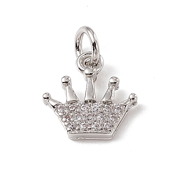 Brass Micro Pave Cubic Zirconia Charms, with Jump Rings, Crown Charm, Platinum, 10x10x2mm, Hole: 2.7mm