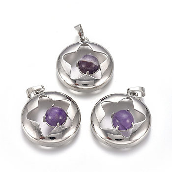 Natural Amethyst Pendants, with Platinum Tone Brass Findings, Flat Round with Star, 31.5x28x10.5mm, Hole: 4.5x7.5mm