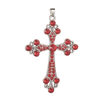 Antique Silver Plated Alloy Big Pendants, with Rhinestone, Cross, Light Siam, 73x51x6.5mm, Hole: 6.5x5mm