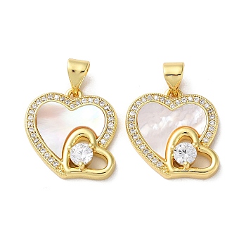 Valentine"s Day Brass Micro Pave Clear Cubic Zirconia Pendants, with Shell, Heart, Real 18K Gold Plated, 16.5x16.5x2.5mm, Hole: 3.5x6.5mm