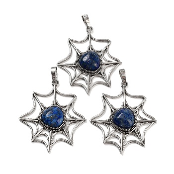 Natural Lapis Lazuli Spider Web Pendants, Rack Plating Antique Silver Plated Brass Halloween Net Charms, Cadmium Free & Lead Free, 44.5x37.5x7mm, Hole: 7.5x5mm