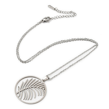 201 Stainless Steel Feather Pendant Necklace with Cable Chains, Stainless Steel Color, 17.80 inch(45.2cm)