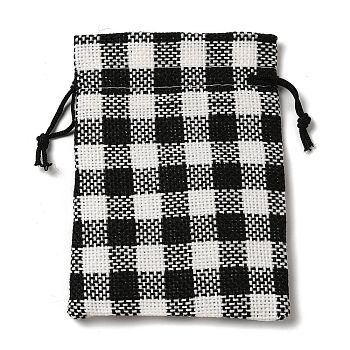 Cloth Imitation Burlap Drawstring Bags, Tartan Gift Storage Pouches, Rectangle, Black, 140x100x8mm