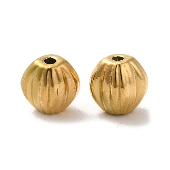 304 Stainless Steel Corrugated Beads, Flat Round, Real 18K Gold Plated, 8x6mm, Hole: 1.5mm