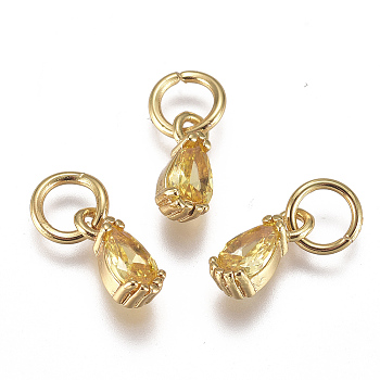 Brass Micro Pave Cubic Zirconia Charms, with Jump Ring, Long-Lasting Plated, Real 18K Gold Plated, Faceted, Teardrop, Yellow, 8x3x3mm, Hole: 3mm