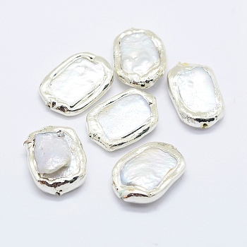 Natural Cultured Freshwater Pearl Beads, Edge Silver Color Plated Plated, Rectangle, Silver, 18.5~24x11.5~18.5x4~9mm, Hole: 1mm