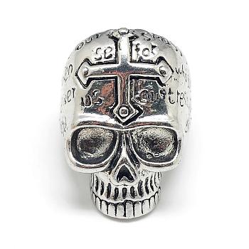 Alloy Finger Rings, Wide Band Rings, Chunky Rings, Skull with Word, Size 10, Antique Silver, 20mm