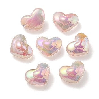 UV Plating Rainbow Iridescent Transparent Acrylic Beads, Two Tone, Heart, Pink, 13x16.5x9mm, Hole: 3mm