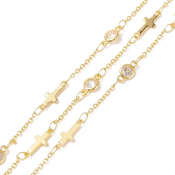 Clear Cubic Zirconia Flat Round & Cross Link Chains, with Brass Cable Chains, Soldered, with Spools, Cadmium Free & Lead Free, Real 18K Gold Plated, 2x1.5x0.4mm, 13x5x1mm, 9x5x2.5mm