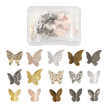 1 Box 75Pcs 15 Styles Butterfly Textured Alloy Cabochons, Nail Art Decoration Accessories for Women, Mixed Color, 5pcs/style